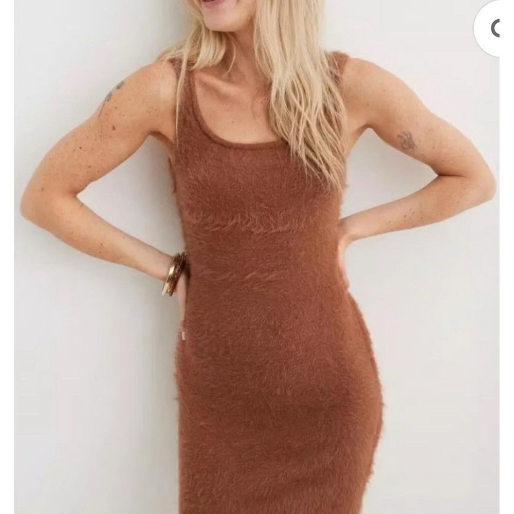 Aerie Fuzzy Body-con Dress S Brown Sleeveless Tank Stretch NEW